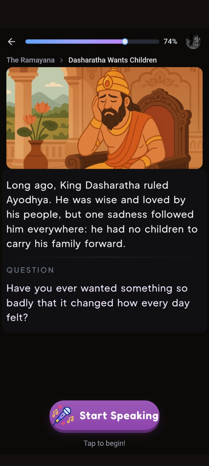 Incoglingo story scene — read a short scene, then answer its question by speaking